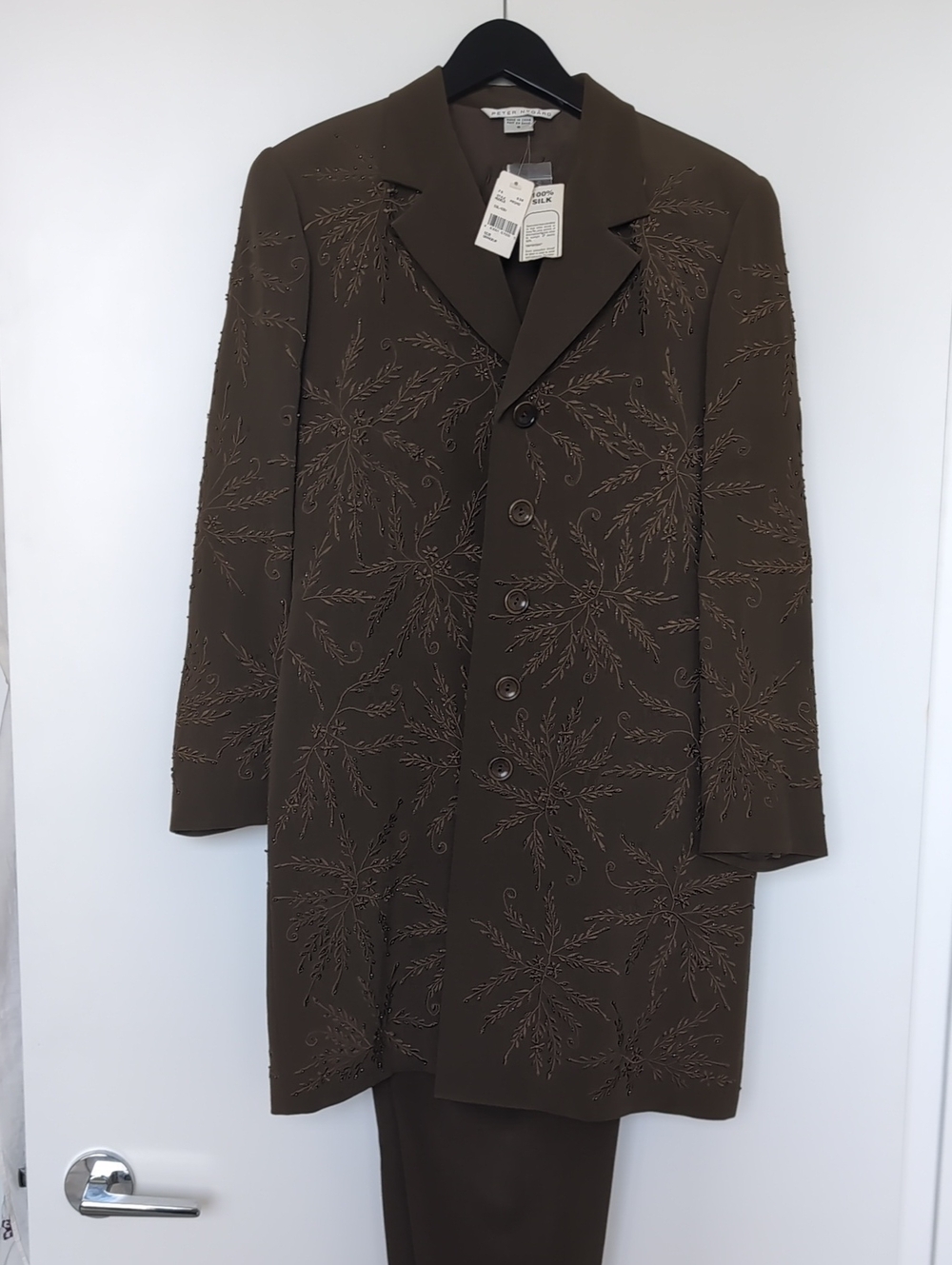 Peter Nygard Olive Brown Embroidered Silk Blazer And Pants NWT